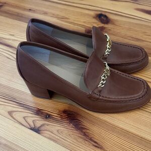 Lauren Ralph Lauren Winslet Brown Leather Loafer Heels Chain Detail size 6.5